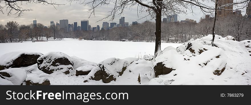 Central Park - New York City at lake after snow storm