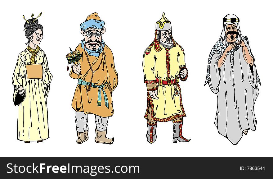 Four figures in traditional national clothes vector illustration. Four figures in traditional national clothes vector illustration