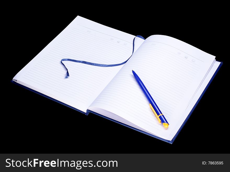 Blue organizer and pen under the black background