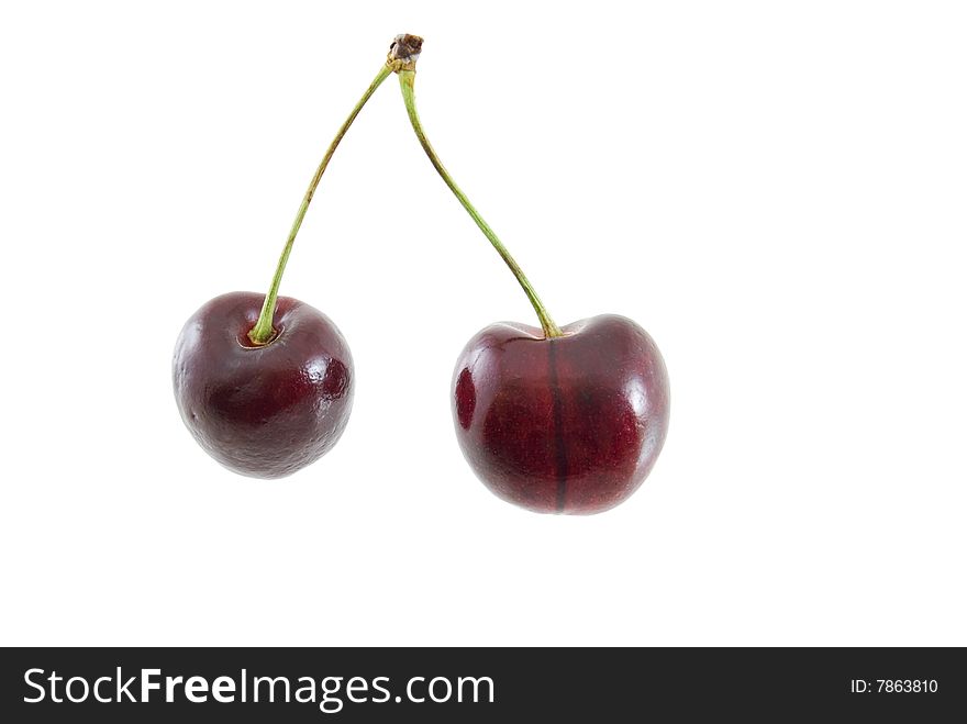 Two sweet cherries isolated on white background. Two sweet cherries isolated on white background