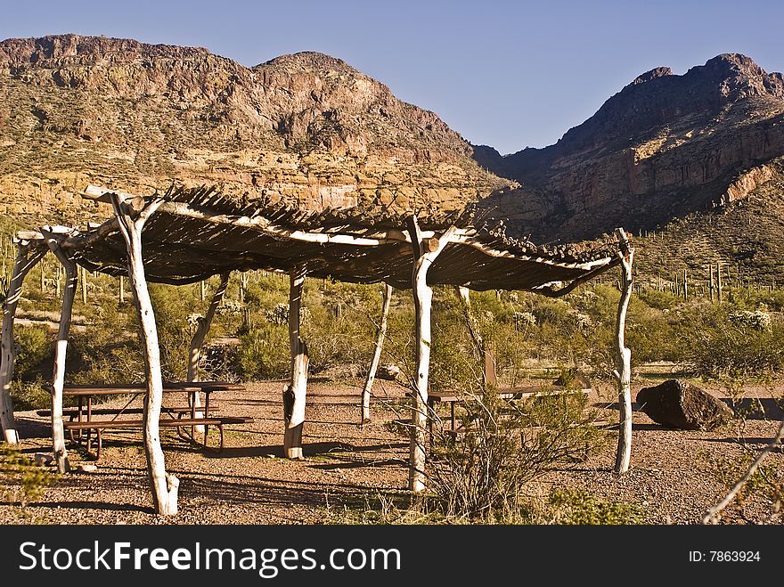 This is a picture of a desert shelter or palapa at Organ Pipe National Monument in Arizona. This is a picture of a desert shelter or palapa at Organ Pipe National Monument in Arizona.