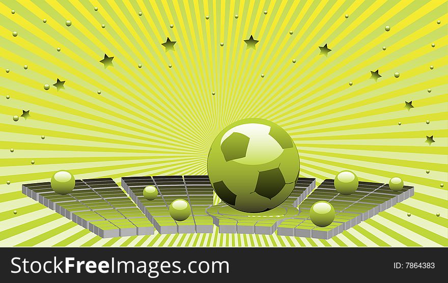 Colorful background with shiny green football ball, small spheres and small stars. Football design