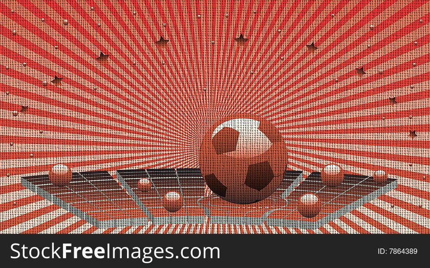 Abstract colorful illustration with shiny red football ball, small spheres and red stars. Football concept