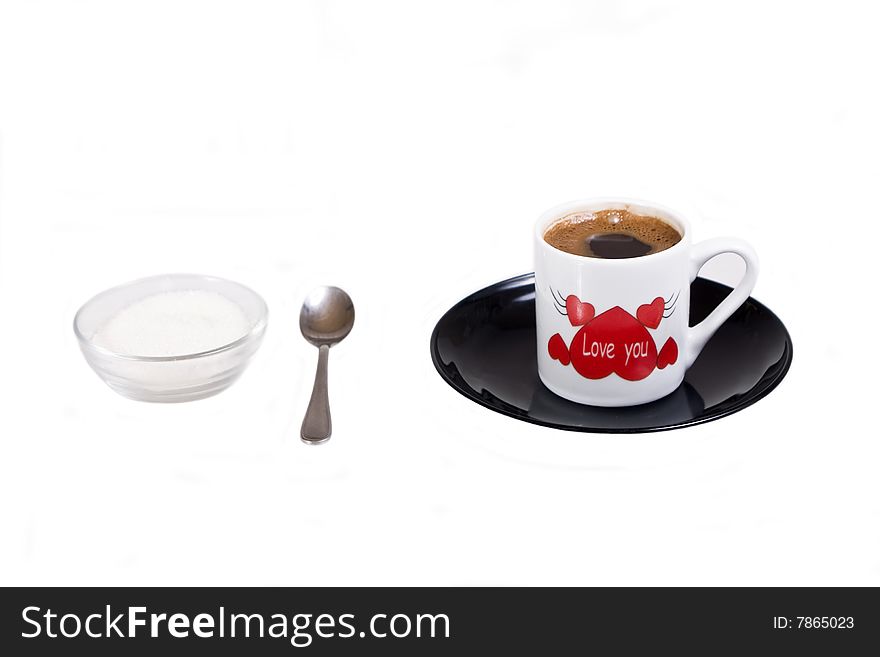 Coffee and sugar isolated over white background. Valentine concept.