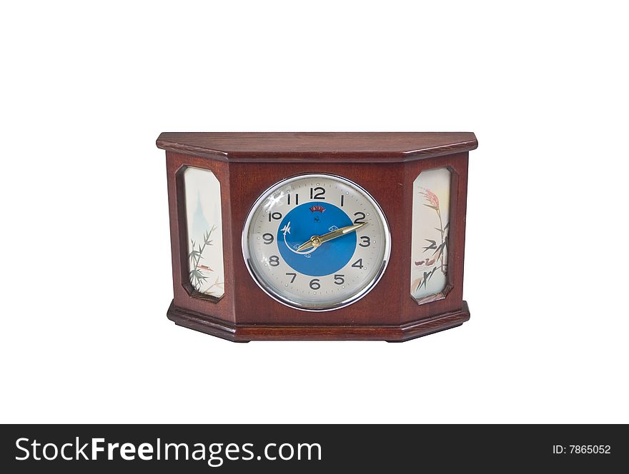 Old mechanical clock made of wood, varnished, isolated over white background. Old mechanical clock made of wood, varnished, isolated over white background.