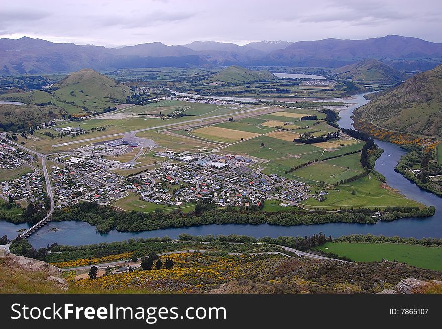 The airview of the town around by the mountain, New Zealand. The airview of the town around by the mountain, New Zealand