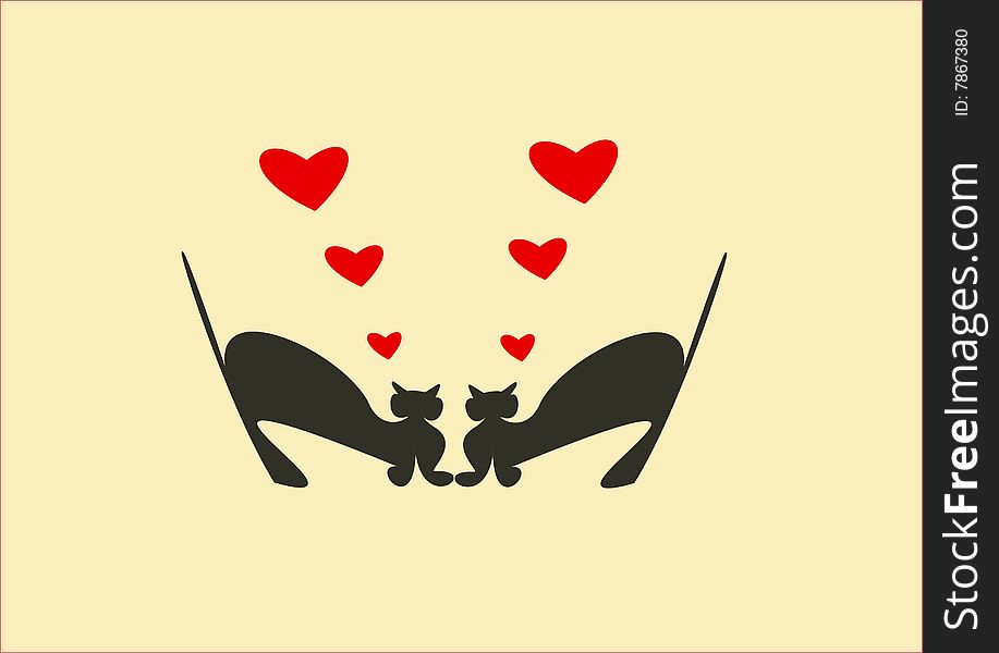 Cats blacks on orange background with red hearts