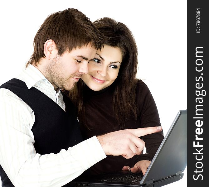 Stock photo: an image of a woman and a man with a laptop. Stock photo: an image of a woman and a man with a laptop