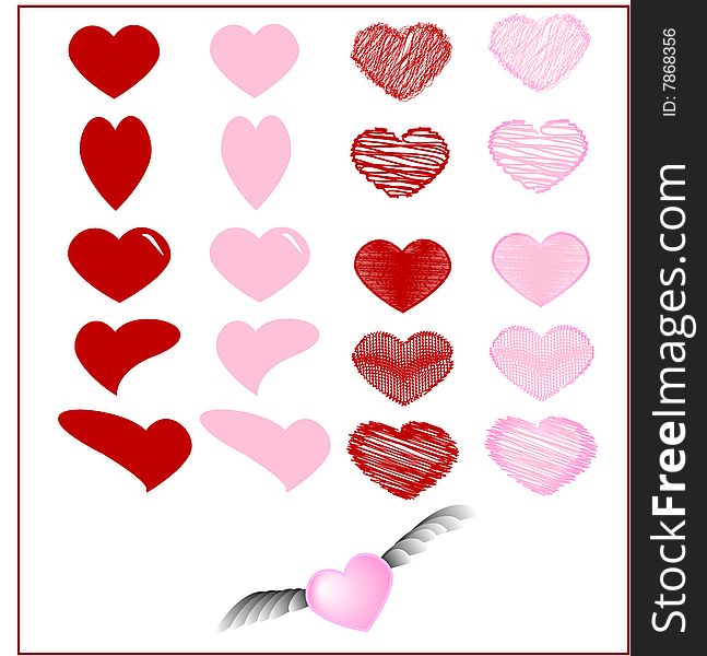 Lots of red and pink hearts on a white background. Vectors illustration