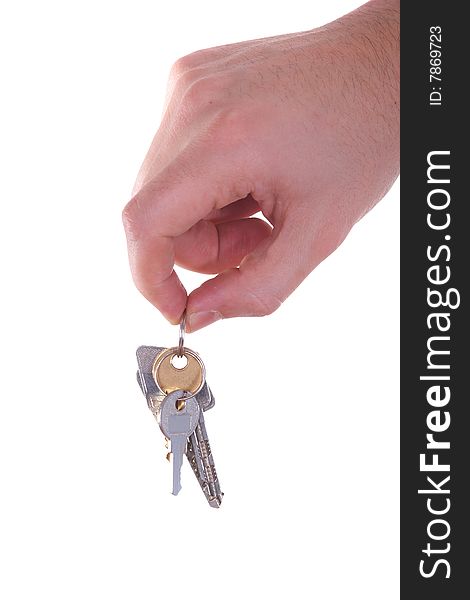 A hand is giving someone a bunch of keys. Isolated over white. A hand is giving someone a bunch of keys. Isolated over white.