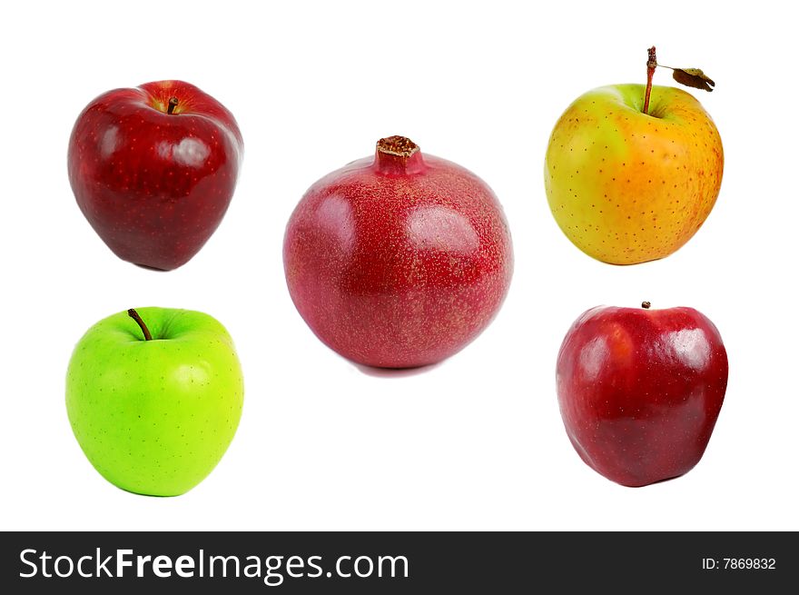 Five fruits different colors isolated on white