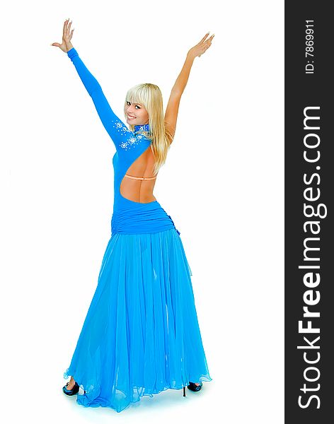 Charming beauty girl in dance pose on white. Charming beauty girl in dance pose on white