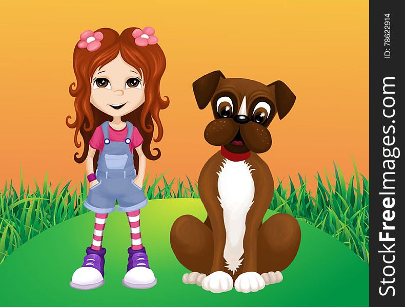 Illustrations cute girl and dog