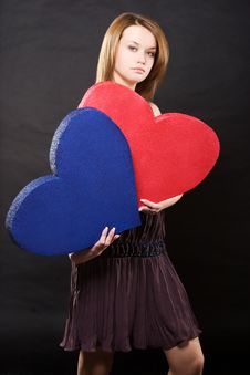 Pretty Girl In Dress Holding Two Hearts Stock Image Pretty Girl In Dress Holding Two Hearts Stock Image