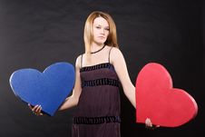 Pretty Girl In Dress Dancing With Two Hearts Royalty Free Stock Photography Pretty Girl In Dress Dancing With Two Hearts Royalty Free Stock Photography