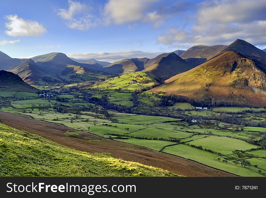 An aerial view of Causey Pike, Robinson, and Newlands Valley from the ridge of Catbells