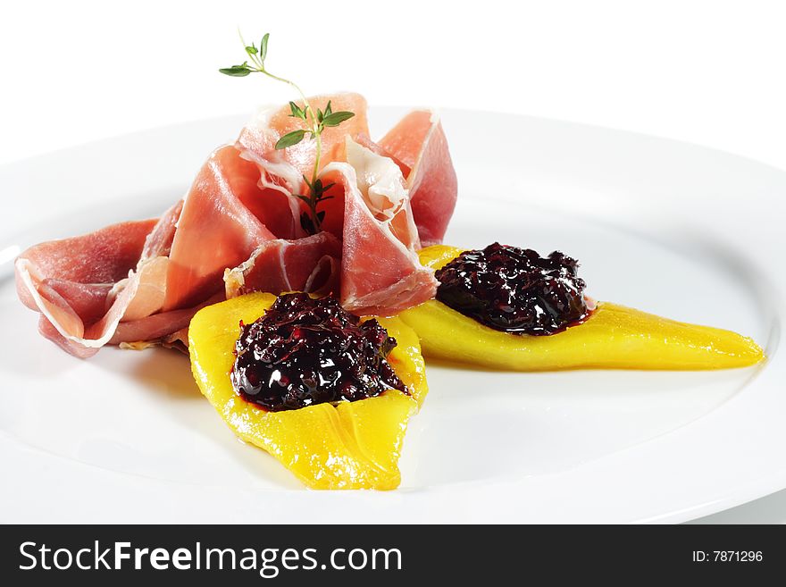 Ham with Pear and Berries Isolated over White