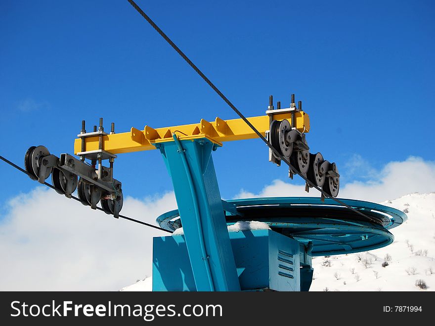 Engine cableway on snowy Mount Hermon in Israel