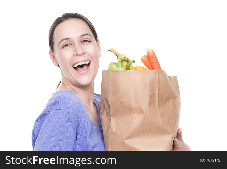 A woman in a domestic role in a shopping scenario on white. A woman in a domestic role in a shopping scenario on white