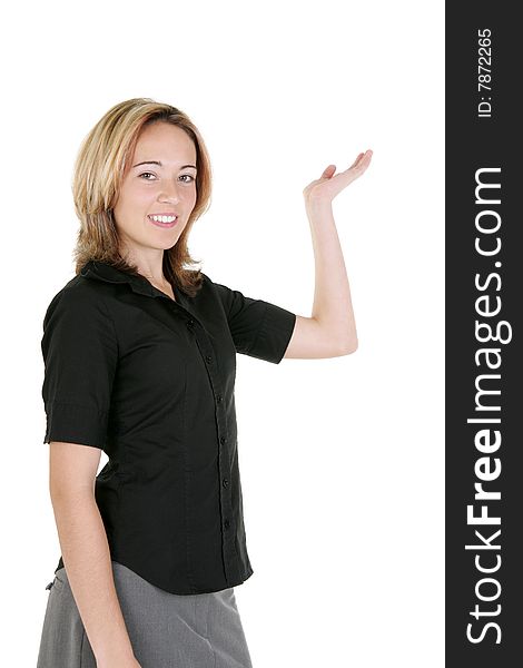 Smiling business woman gesturing to empty copy space