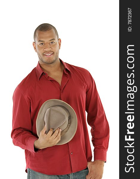Good looking male model holding a hat. Good looking male model holding a hat