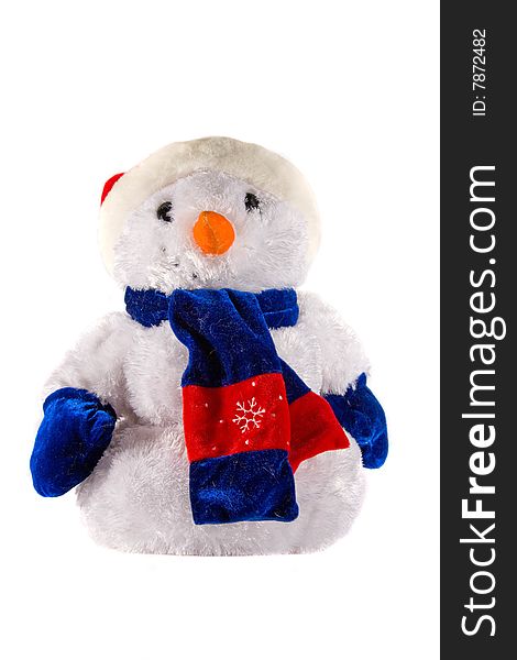 An isolated stuffed snowman with a bright scarf