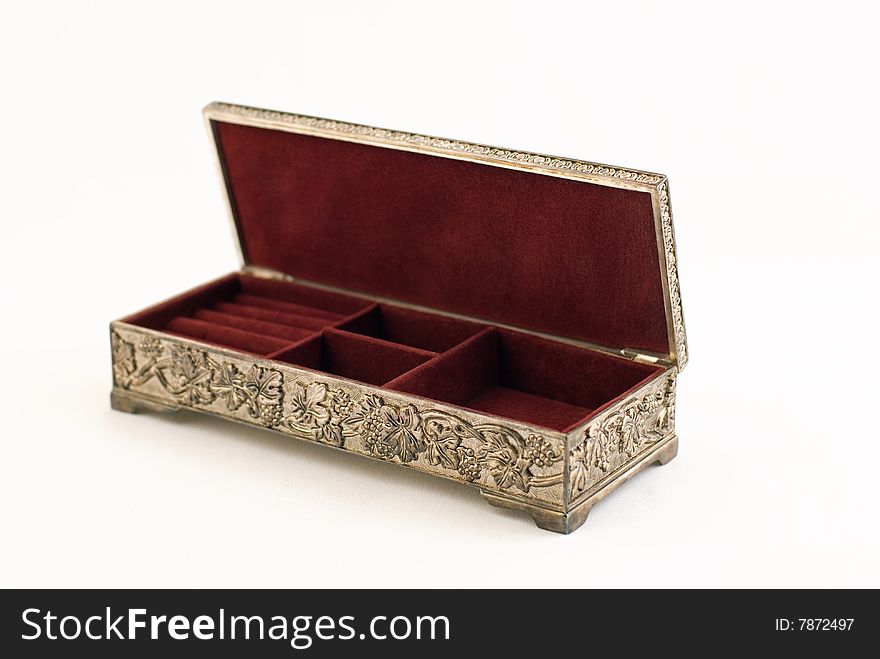 Silver box decorated with vegetal ornamet inside the velvet-colored bardo, has offices for small accessories and jewelry. Silver box decorated with vegetal ornamet inside the velvet-colored bardo, has offices for small accessories and jewelry