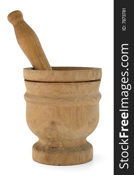 Wooden mortar over a white background