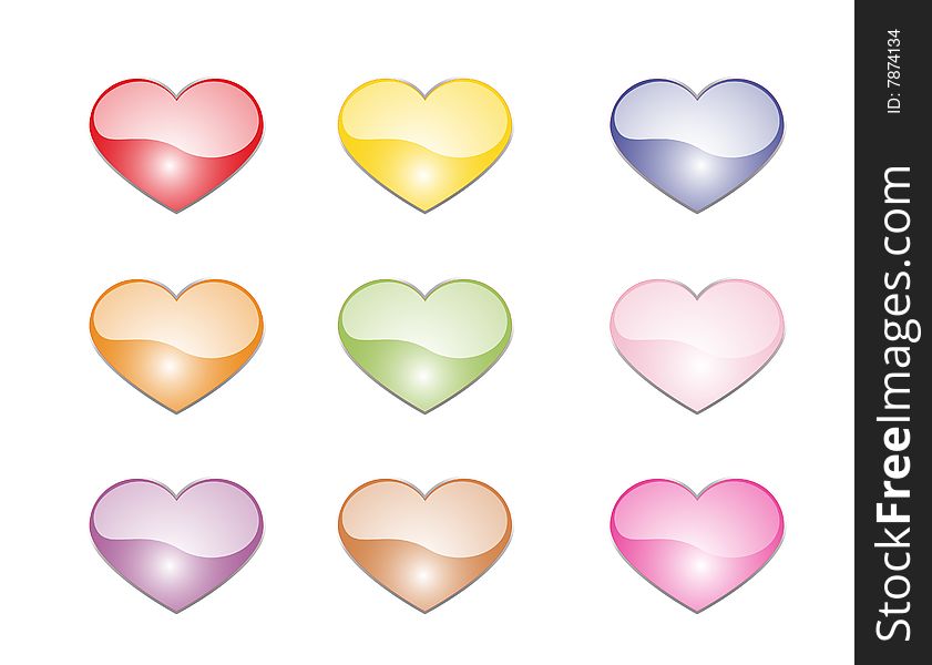 Illustration with red, yellow, blue, green, brown, pink, violet hearts. Illustration with red, yellow, blue, green, brown, pink, violet hearts