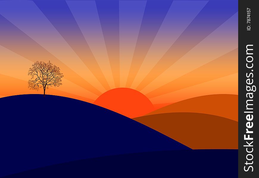 Landscape illustration of rise or sunset. Landscape illustration of rise or sunset