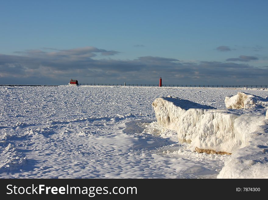 Lake Michigan lighthouses in winter. Lake Michigan lighthouses in winter