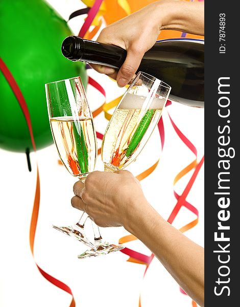 Party with champagne and carnival decoration, good mood for birthday, New Years Eve or carnival