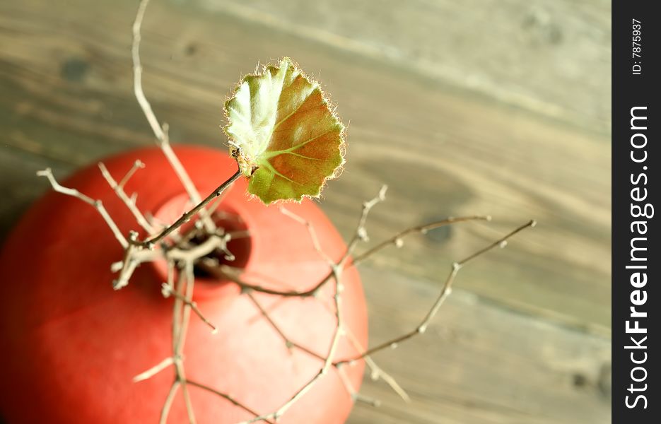 Green leaf on dry twigs in a clay vase on  wood