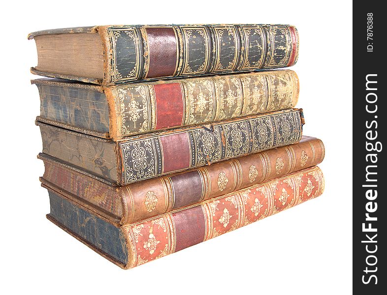 A pile of old leather bound books isolated on a white background