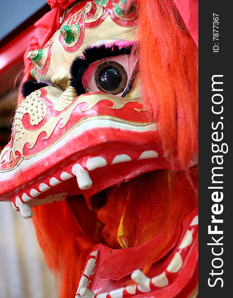 Lion dance head on display for chinese new year.