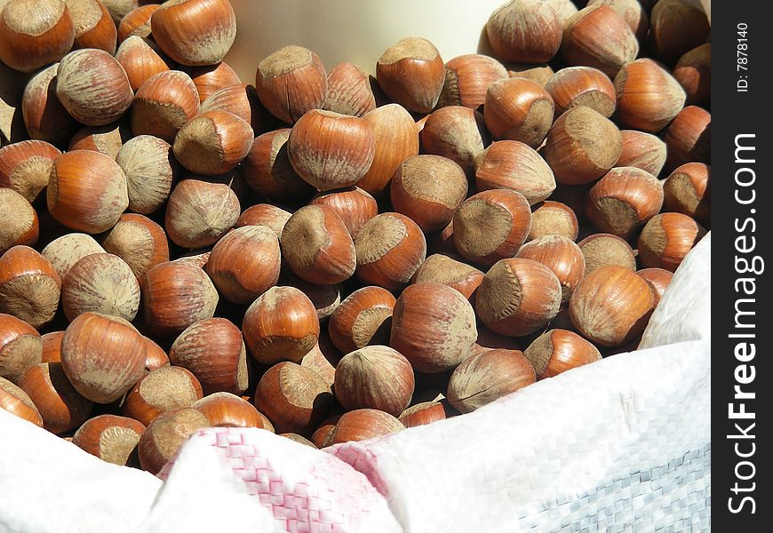 Tasty looking bag full of hazelnuts at the local market.