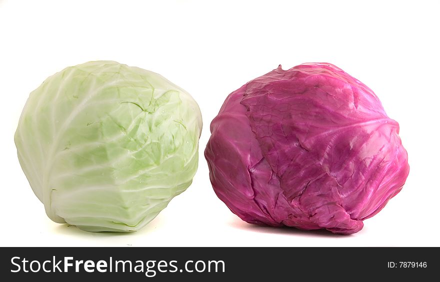 Red and common cabbages isolated on white background