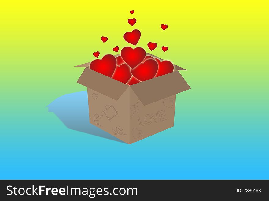 Carton with red heart on color background. Carton with red heart on color background