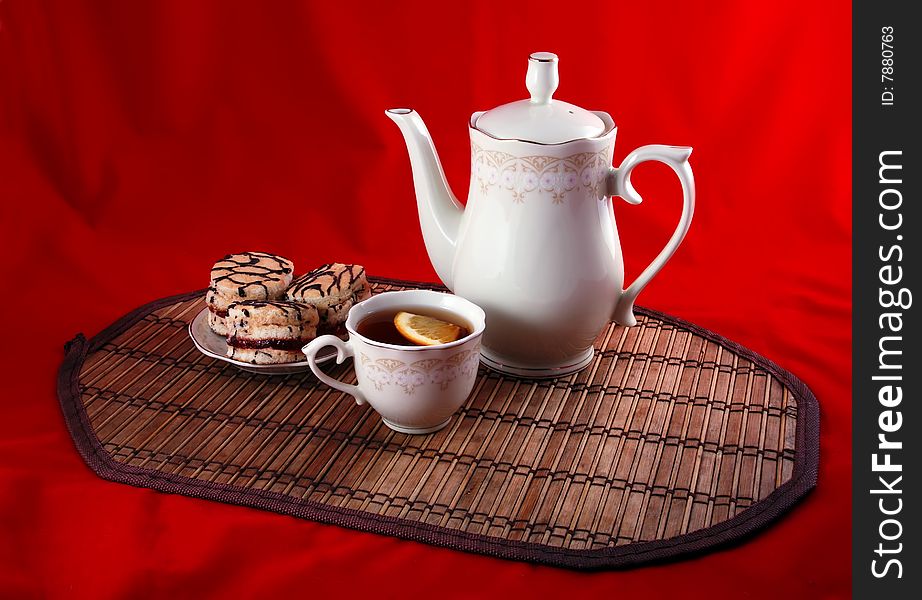 Beautiful still life cup of tea and some delicious pastries