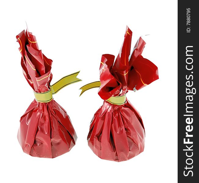 Two candies in the red packaging on a white background