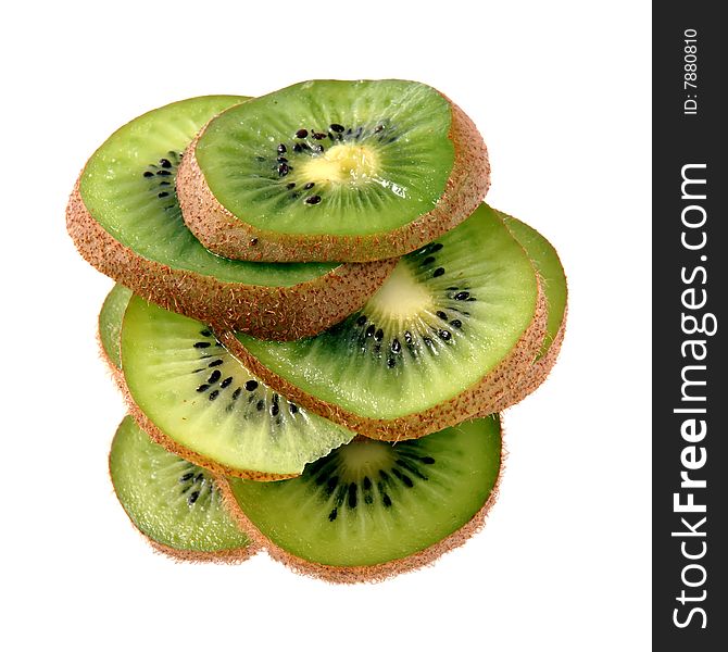 Beautiful green texture consisting of slices of kiwifruit on a white background