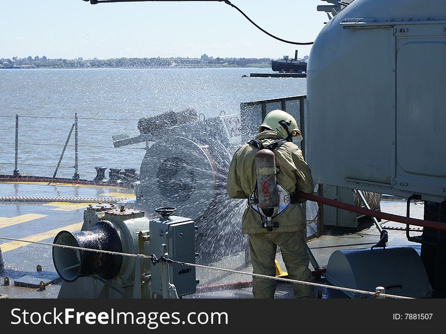 Firefighter in a drill ship. Firefighter in a drill ship