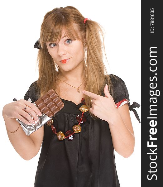 Portrait of the girl with chocolate on a white background