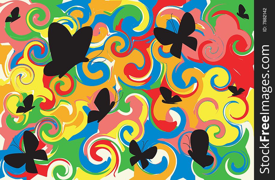 Multicoloured background and black butterflies. Multicoloured background and black butterflies