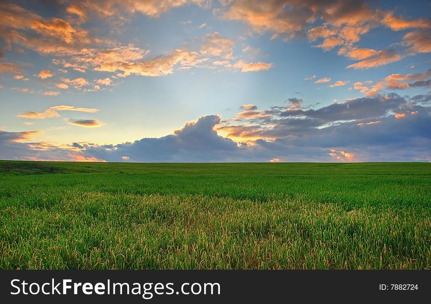 A beautiful sunset sky over a green grass field. A beautiful sunset sky over a green grass field