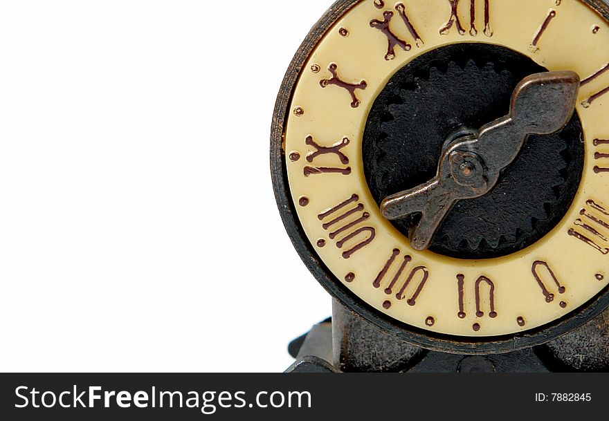 Old clock machine on white background with roman numbers