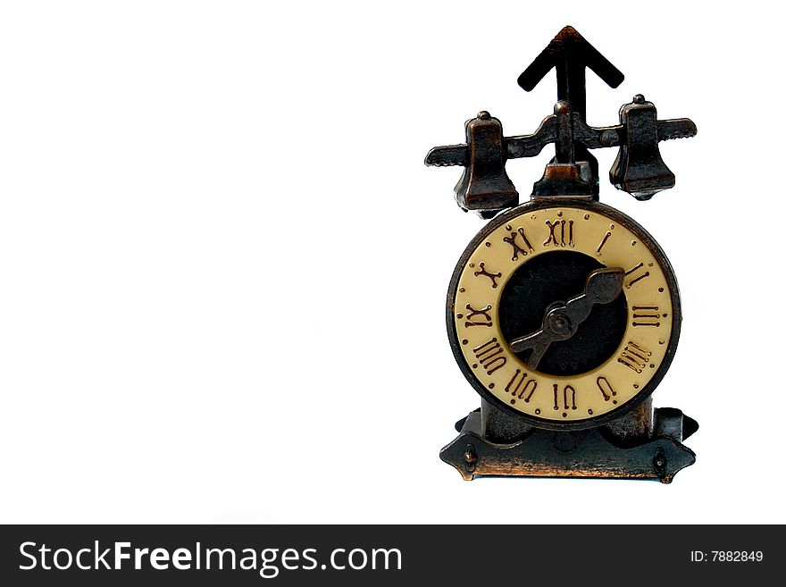 Old clock machine on white background with roman numbers