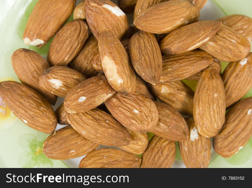 Group almonds in brown pod without nutshell