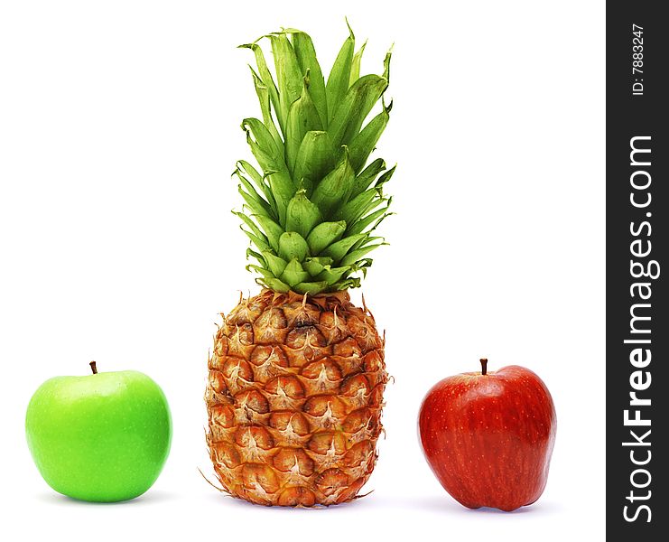 Fresh apples and pineapple isolated on white background