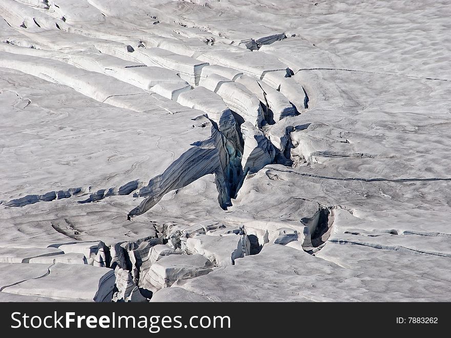 Cracks in a huge ice glacier in south america